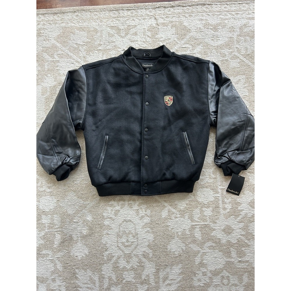 Vintage Dunbrooke PORSCHE Letterman Bomber Varsity Jacket Mens M Black Leather